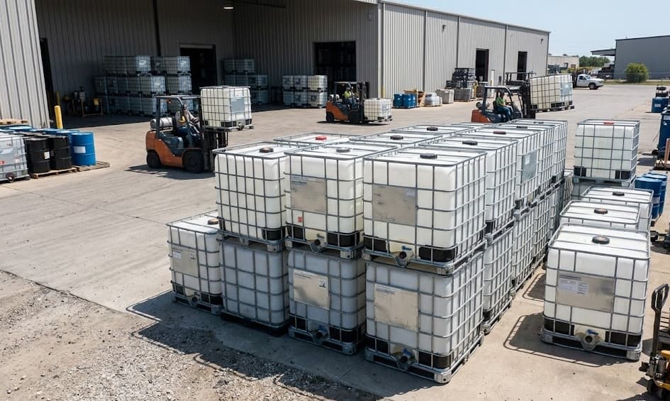 IBC tote yard with forklifts at our Willoughby facility