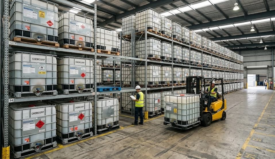 Warehouse worker inspecting IBC totes on racking shelves
